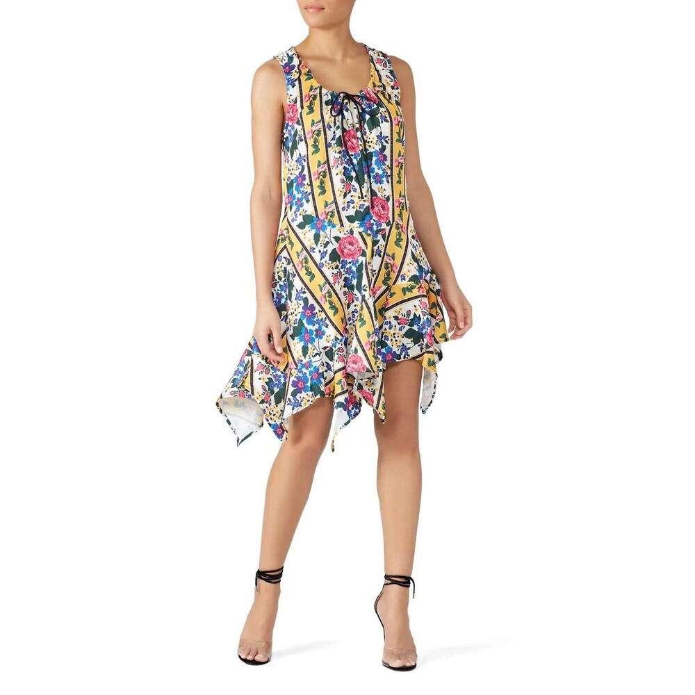 MARQUES ALMEIDA Shift Dress Small Yellow Blue Pullover Asymmetrical Mini Flare